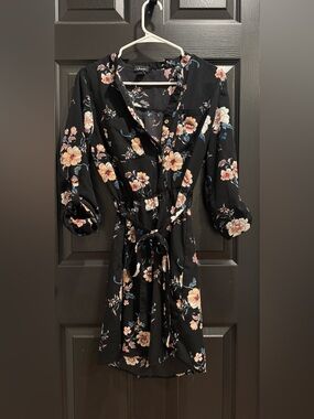 Justify Black Floral Tie-Waist Long Sleeve Dress